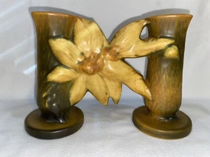 Vintage Roseville Keramik Doppelknospe Vase Kerzenhalter Clematis 194-5 - Bild 1 von 7