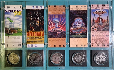 5 Replica DALLAS COWBOYS Super Bowl Tickets w/ 5 Commemorative Super Bowl Coins Cover