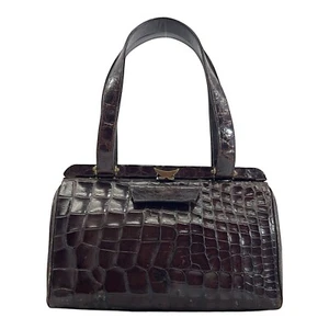 Vintage 50s 60s LESCO Genuine Crocodile Leather Frame Bag Handbag Satchel BROWN - Picture 1 of 22
