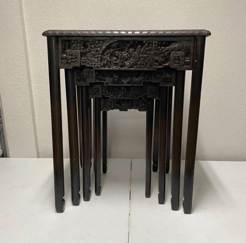 Mid Century Asian Ornate Handcarved Wood Nesting  Stacking Tables, Set of 4 Cover