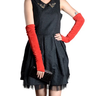 Women's Suede leather Semi-finger fingerless Party Evening long gloves Mittens - Image 1 of 4