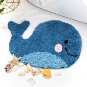 Blue Bathroom Rugs Whale Bath Rug Cute Non Slip Mat Washable Microfiber Terry Wa - Picture 1 of 9