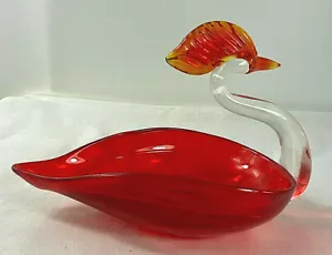 Tazón de cisne de vidrio artístico soplado a mano kitsch de mediados de siglo - Imagen 1 de 10