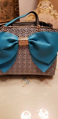 BETSEY JOHNSON Bow Satchel Blue  teal turquoise black polka dot purse hangbag - Image 1 of 4