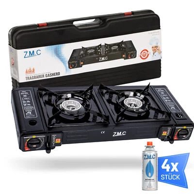 Double Cartridge Cooker 2 Burner Outdoor Gas Camping Stove + 4x Gas Cartridges - Image 1 of 4