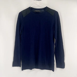 Rag & Bone New York Mens Sweater Navy / Black Wool Lamb Leather Shoulders Small - Picture 1 of 9