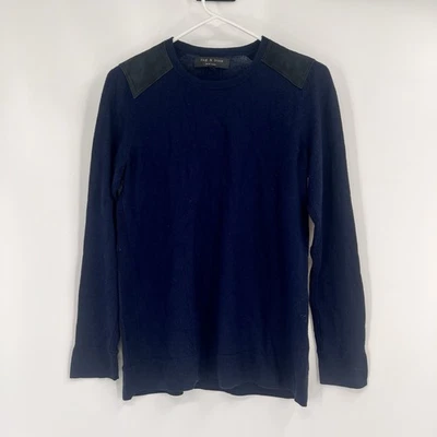 Rag & Bone New York Mens Sweater Navy / Black Wool Lamb Leather Shoulders Small - Image 1 of 4
