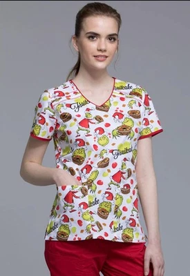 Grinch Cherokee Scrubs Tooniforms Dr. Seuss Christmas V Neck Top TF686 SECK - Image 1 of 4