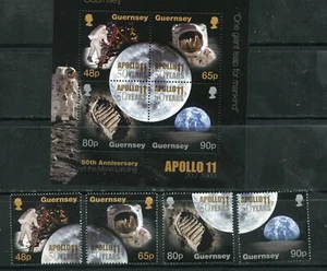 Guernsey 1500-1503a Apolo 11, Juego de estampillas y hoja de aterrizaje lunar MNH 2019 - Imagen 1 de 2