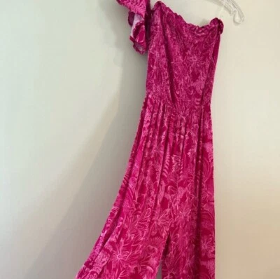 NUEVO SIN ETIQUETAS Mono Rosa Exuberante Magenta Manga Acampanada Talla Pequeña Estampado Floral Pierna Ancha Foto 1 de 4