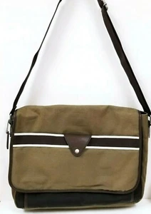 FOSSIL LANE MESSENGER OLIVE CANVAS,BROWN LEATHER TRIM,STRIPE,LAPTOP+CROSSBODY  - Picture 1 of 11