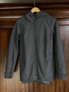 REI Jacket Soft Shell L Charcoal Gray Nylon Long Rain Coat Hooded Fleece Lined - Picture 1 of 7