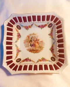 Vintage Germany Porcelain Square Reticulated Plate Dish 6” Victorian Couple - Picture 1 of 8