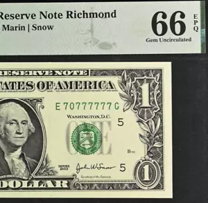 2003 $1 Federal Reserve Note PMG 66EPQ near solid lucky serial number 70777777 - Picture 1 of 3