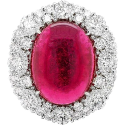 Anillo de plata 935 para mujer cabujón turmalina rosa y zafiro redondo 42,33 TCW Foto 1 de 4