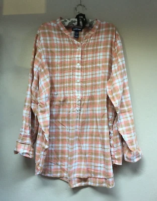 Blusa túnica Lands End Top para mujer a cuadros de algodón manga larga medio botón talla 24W Foto 1 de 4