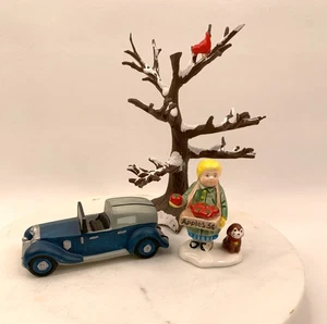 Dept 56 Christmas Village Accessories Car Girl with Apples Dog Winter Tree 1987 - Picture 1 of 7