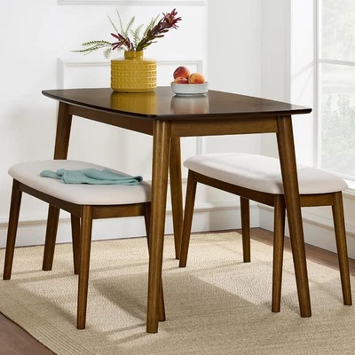 3-Piece Mid-Century Modern Wood Dining Kitchen Table & Chair Set Bench Seats - Image 1 of 4