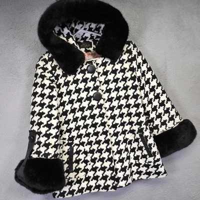 Abrigo Pata de Gallo Mujer XS S Negro Blanco Imitación Piel Coqueta Elegante Mod Declaración Foto 1 de 4