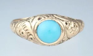 Beautiful Antique Victorian 10K Rose Gold Turquoise Paste Floral Carved Ring 7.5 - Picture 1 of 23