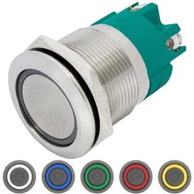 Stainless steel Push button Flat Ø22mm Ring LED IP65 Screw Connection 250V 3A Va - Image 1 of 3