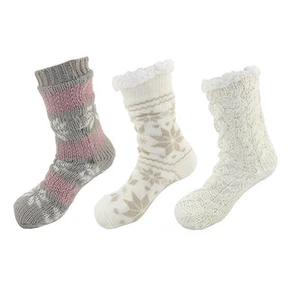 Warm Fuzzy Cozy Thermal Fleece-lined Knitted Non-skid Crew Socks, 3 Pairs Asst D - Picture 1 of 1