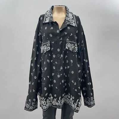 Quacker Factory Jacket Women 3X Black Beaded Denim Button Paisley Boho Printed - Image 1 of 4