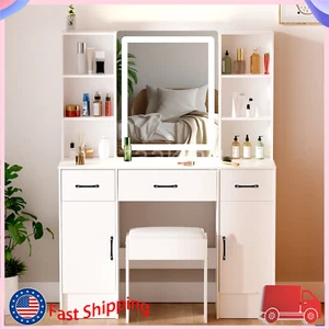 Makeup Dressing Table 3 Drawers Stool Set With Led Lights Mirror for Girls Gift - Picture 1 of 8