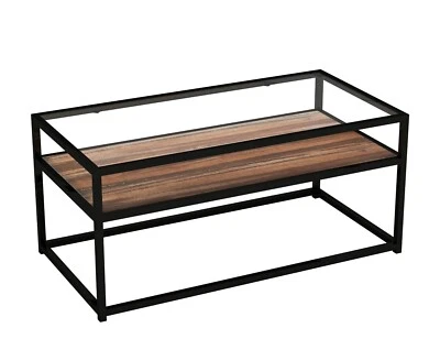 2 Tier Coffee Table Dark Walnut with Storage Glass Top Shelf Metal Frame 3.3Ft - Image 1 of 3