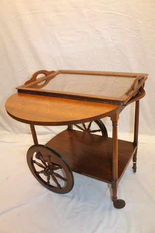 I Arts & Crafts Tiger Oak Serving Drop Leaf Table, Tea Cart with Tray Cover