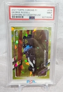 PSA 9 2021 TOPPS CHROME FORMULA 1 SAPPHIRE 114 GEORGE RUSSELL CHARTREUSE - Picture 1 of 3