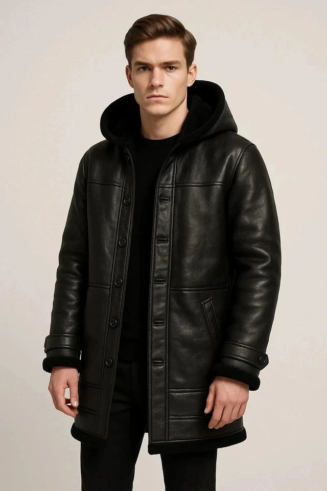 Men’s Black Faux Shearling Leather Hooded Coat | Genuine Sheepskin Winter Jacket - Image 1 of 4