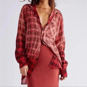 Free People One Grunge Ombré Red Plaid Button Long Sleeve Shirt Tunic Top Sz M - Picture 1 of 13