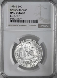 1936-S 50C RHODE ISLAND SILVER HALF DOLLAR NGC UNC DETAILS "CLEANED" 8405243-039 - Picture 1 of 4