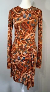 A.L.C. Abstract Print Ruched Stretch Long Sleeve Mini Dress Brown Multi Size S - Picture 1 of 6