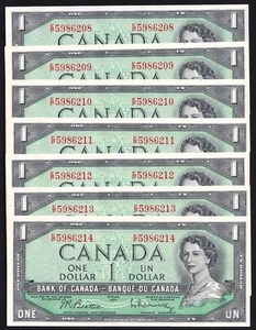 Lot Of 7 Consecutive Canada 1954 $1 One Dollar Banknotes Beattie - Rasminsky 214 - Picture 1 of 2