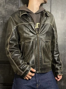 Vintage 90s Faded Washed Leather Jacket Biker Hedi Slimane Brown Streetwear - Picture 1 of 19