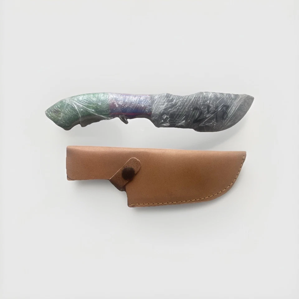 Cuchillo de caza de hoja fija hecho a mano Demarcus mango de resina verde rojo con funda Foto 1 de 1