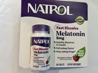 Natrol Melatonin 5 mg Sleep Aid 250 Fast Dissolve Tablets (Strawberry Flavor) Foto 1 de 3