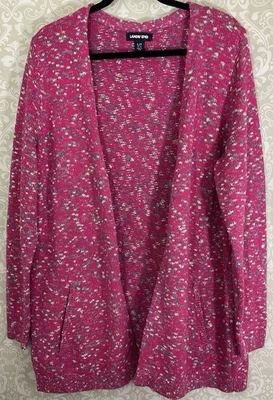 LANDS’ END Women’s Cardigan Sweater Large Tall Pink Confetti Speckle Open Pocket - Image 1 of 4