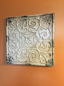 White Distressed Embossed Metal Wall Plaque. Elegant Home Accent - Picture 1 of 8