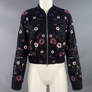 NEEDLE AND THREAD Bomberjacke Größe 4 marine burgund weiß bestickt Blumen - Bild 1 von 14