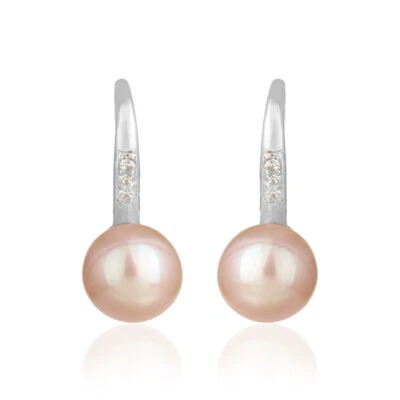 Zircon Pink Pearl Gemstone 925 Sterling Fine Silver Pretty Earrings Jewelry - Image 1 of 3