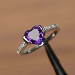 1.60Ct Lab Created Amethyst Heart Women's Solitaire Ring 14K White Gold Plated - Picture 1 of 9