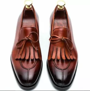 Handmade Men Brown Slip on Shoes with Fringes, Men Formal Dress shoes Loafer - Picture 1 of 5