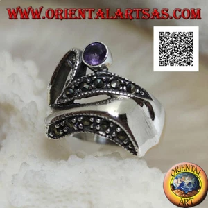 Anillo de Plata 925‰ Forma Abstracto Futurista Con Marcasita Y Amatista - Imagen 1 de 3