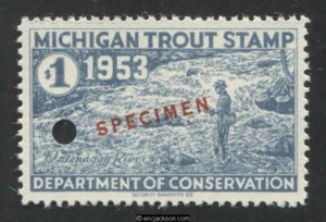 MICHIGAN Trout Revenue Stamp MI Trout 6 red Specimen ovpt, security punch, VF - Picture 1 of 1