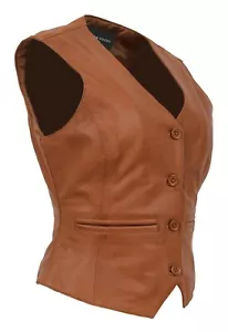 Womens Full Soft Leather Waistcoat Tan Slim Fit Classic Casual Gilet Smart Vest - Picture 1 of 8