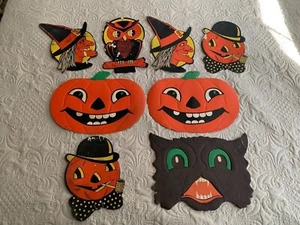 8 Vintage 40-50er Jahre Luhrs gestanzt geprägt JOL schwarze Katze Hexe Eule Halloween Deko - Bild 1 von 10