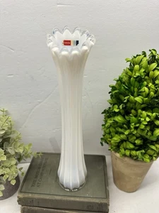 VTG Fostoria Heirloom Glass White Opalescent Ribbed Swung Vase 12" Finger - Picture 1 of 9